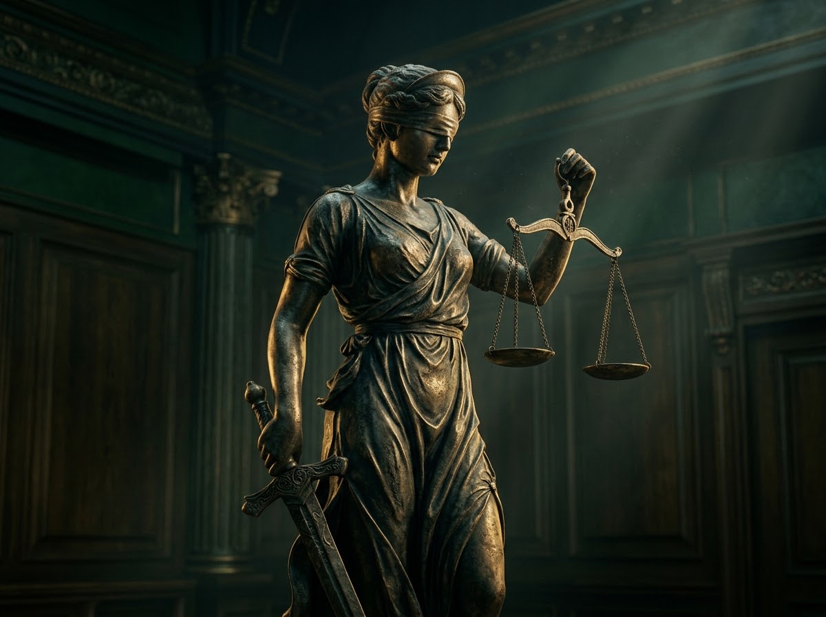 Bronze statue of Lady Justice holding the scales